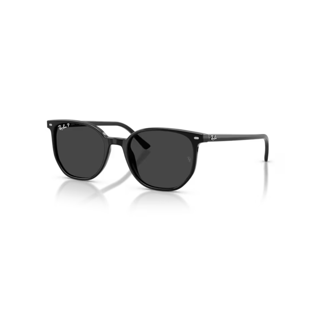 Neliömäiset Ray-Ban Elliot aurinkolasit kiiltävän mustalla asetaattikehyksellä ja tummilla polarisoiduilla linsseillä.