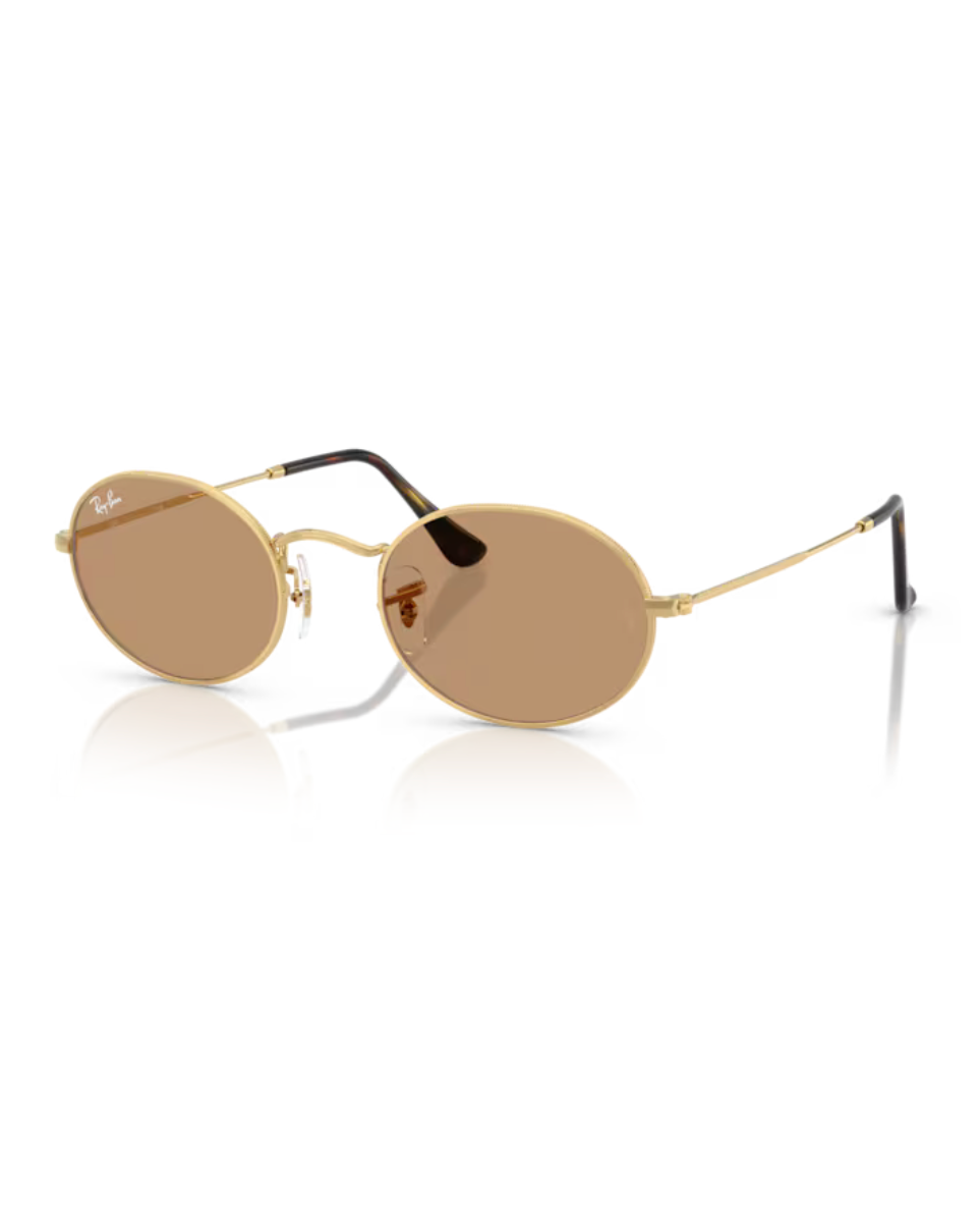 Ray-Ban Oval RB3547 aurinkolasit kiiltävällä kullanvärisellä metallirungolla ja tasaisen ruskeilla mineraalilasilinsseillä.