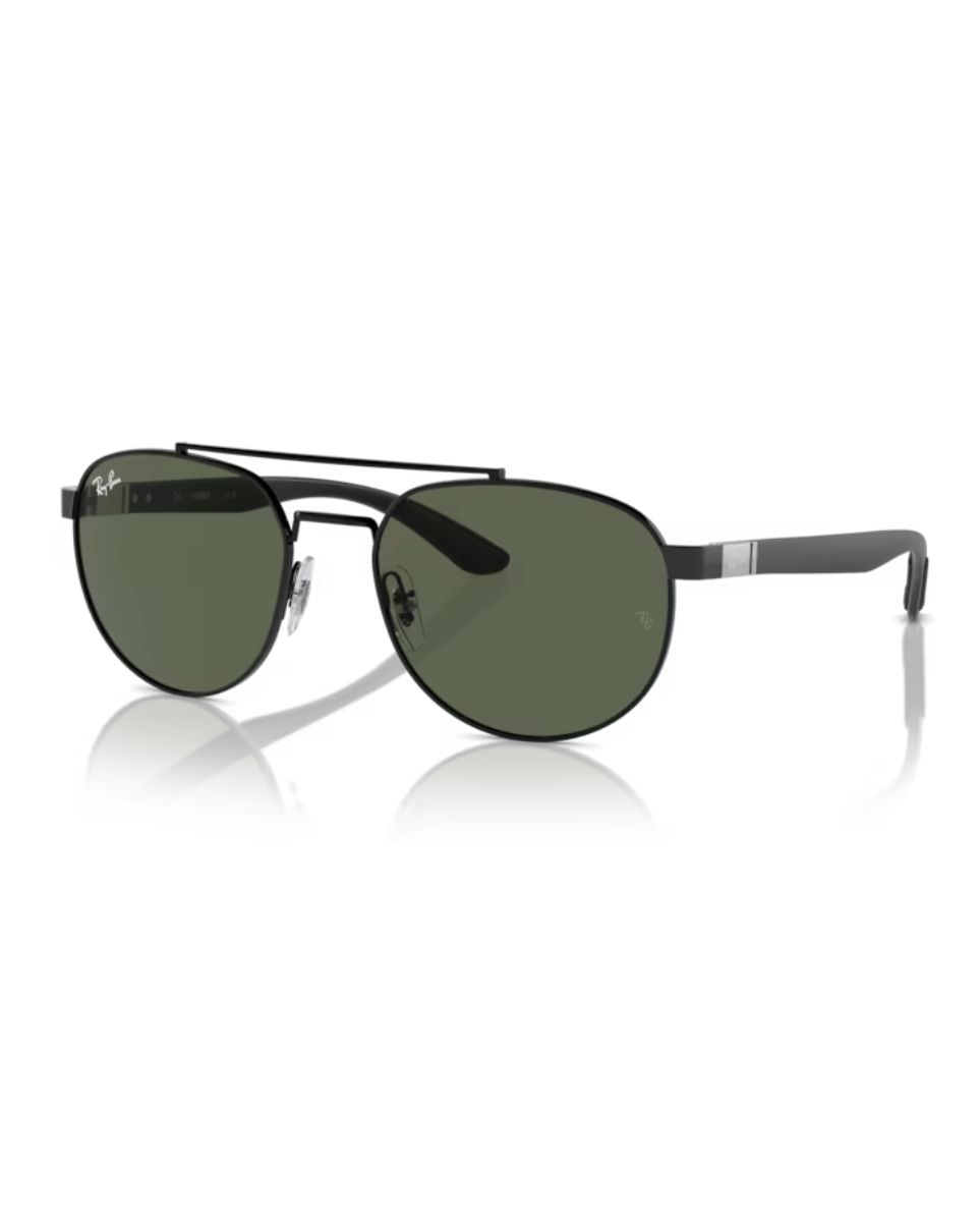 Ray-Ban RB3736 aurinkolasit kuvattuna viistosti edestä, korostaen mustaa metallista kaksoissiltaa, pyöristettyjä linssejä ja mustia sankoja.