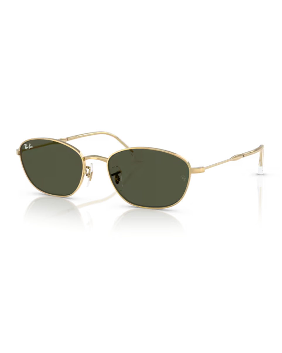 Ray-Ban RB3749 aurinkolasit kuvattuna viistosti edestä, tuoden esiin kultaiset metallikehykset, epäsäännöllisen linssimuodon ja säädettävät nenätyynyt.