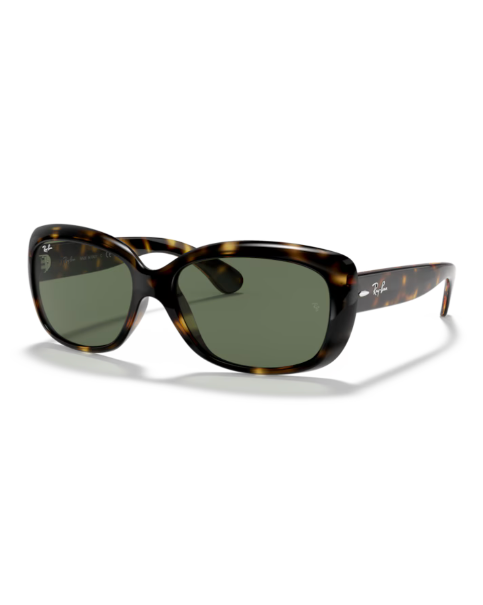 Ray-Ban Jackie Ohh aurinkolasit vaalealla Havana-kehyksellä ja perinteisillä vihreillä linsseillä.