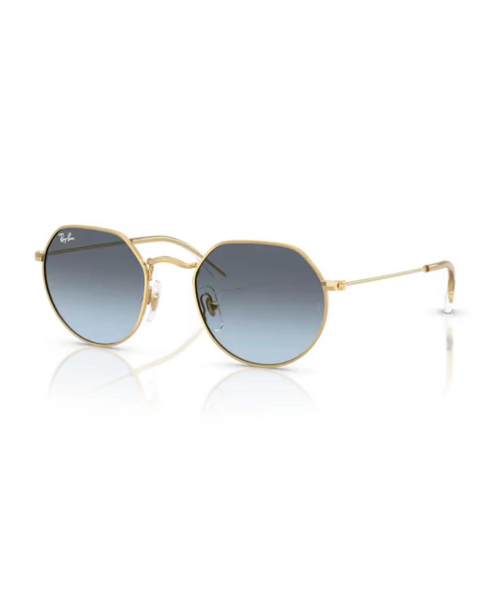 Ray-Ban Junior Jack RJ9565S aurinkolasit lapsille, joissa on kultainen metallirunko ja siniset liukuvärjätyt linssit.