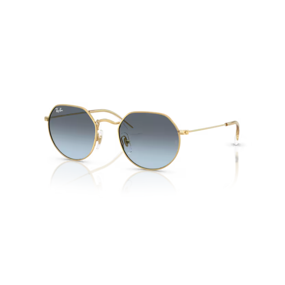 Ray-Ban Junior Jack RJ9565S aurinkolasit lapsille, joissa on kultainen metallirunko ja siniset liukuvärjätyt linssit.