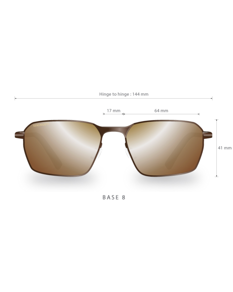 Serengeti Shelton -aurinkolasien mittakuva edestä. Kuvassa näkyy linssin leveys 64 mm, nenäsilta 17 mm ja kokonaisleveys saranasta saranaan 144 mm.