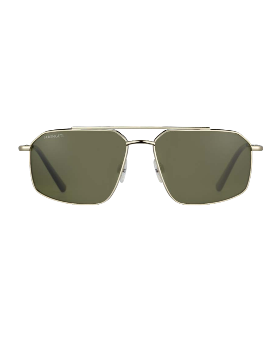 Geometriset Serengeti Wayne SS546001 -aurinkolasit suoraan edestä kuvattuna. Vaaleakultainen metallikehys (Light Gold), klassinen tuplasilta ja vihreät Mineral Polarized 555nm -mineraalilinssit.
