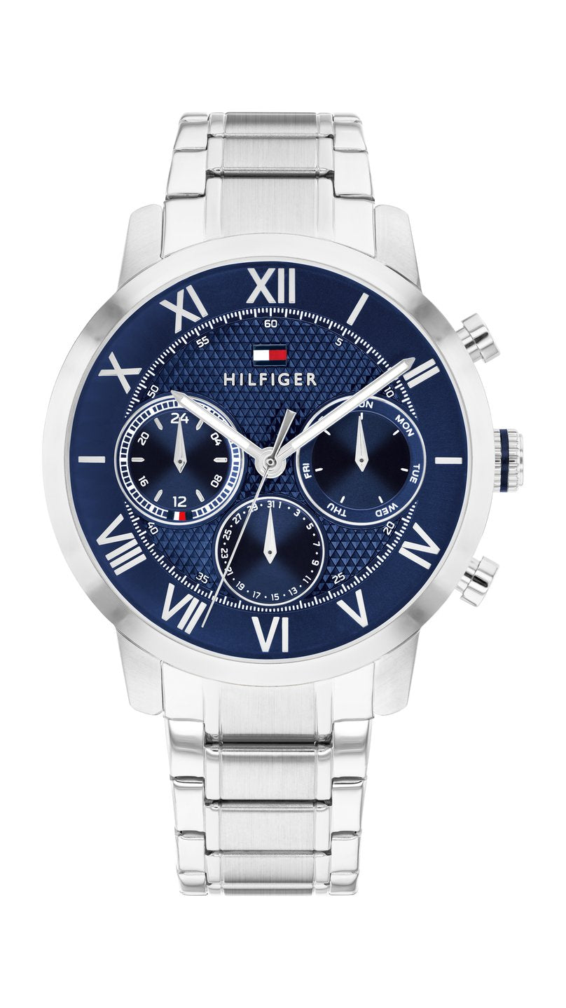 Miesten Tommy Hilfiger TH1710728 -rannekello teräsrannekkeella ja sinisellä kellotaululla.