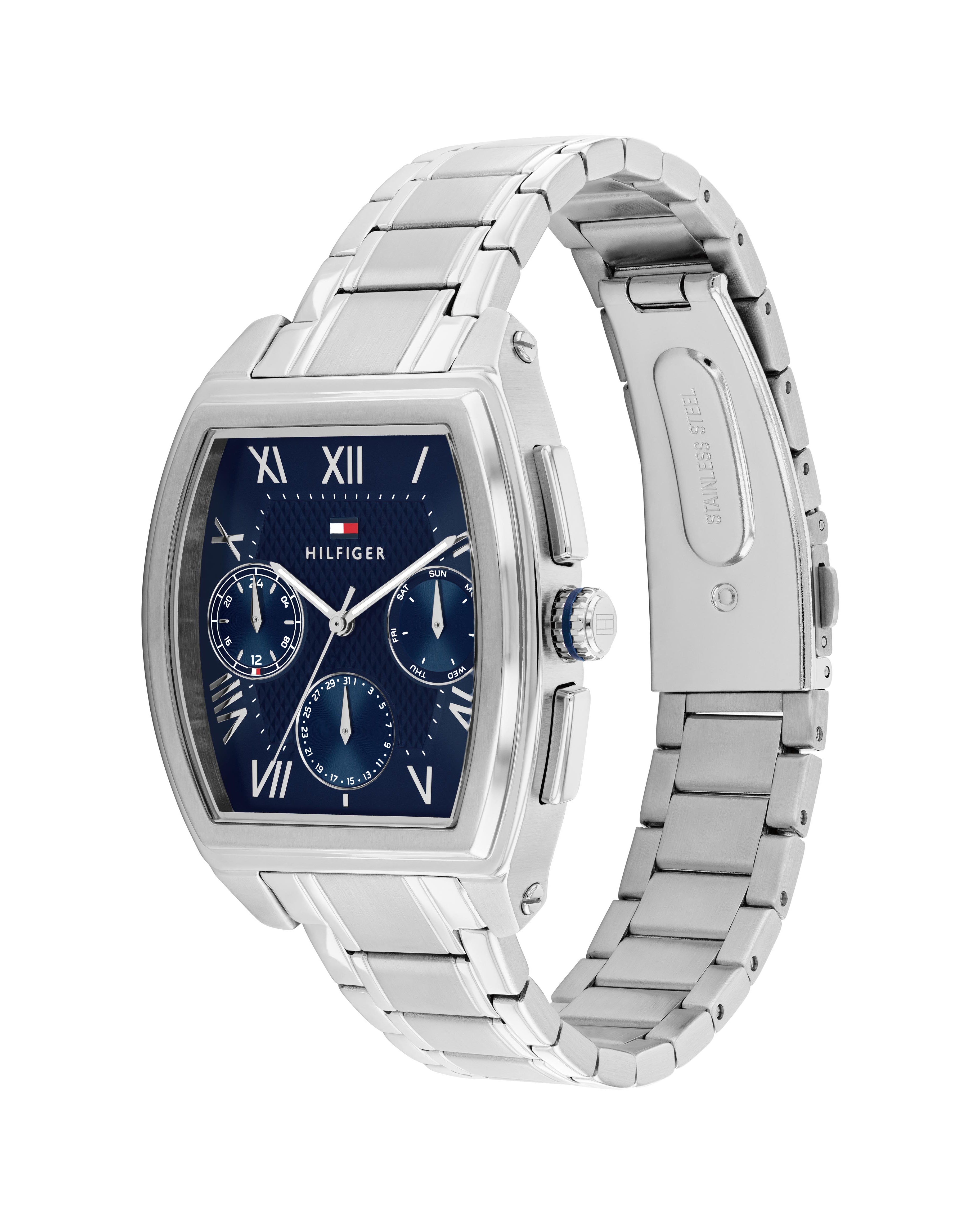 Silverfärgad Tommy Hilfiger-klocka för herrar med 36 mm boett och tydlig datumvisning.