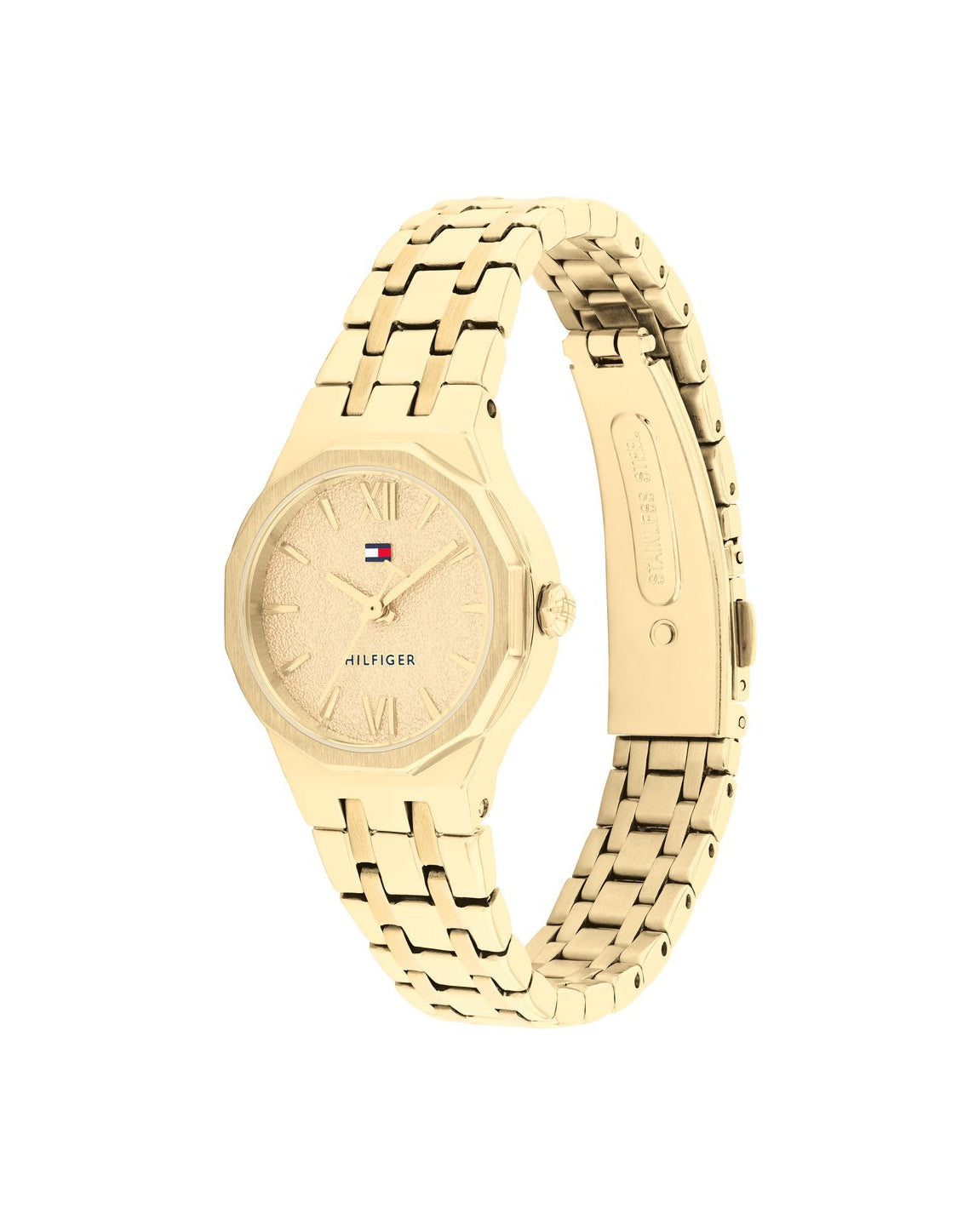 Guldfärgad Tommy Hilfiger TH1782886 damklocka fotograferad i vinkel från sidan, vilket framhäver boettens tjocklek på 8 mm och stållänkens eleganta former.
