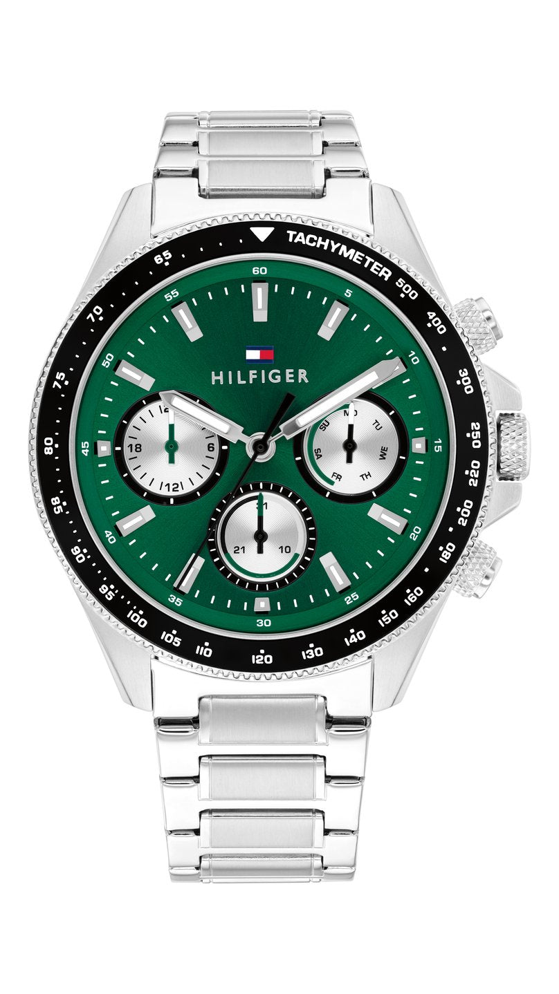 Miesten Tommy Hilfiger TH1792211 -rannekello vihreällä kellotaululla, mustalla tachymeter-kehällä ja hopeanvärisellä teräsrannekkeella.