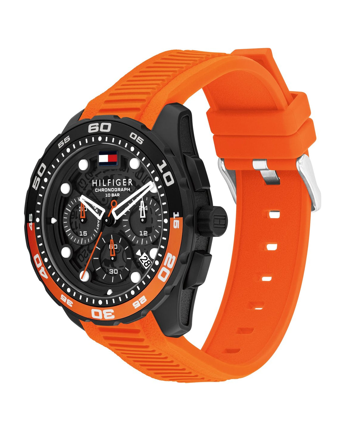 Svart Tommy Hilfiger-klocka för herrar med ett lysande orange armband och tidtagning.
