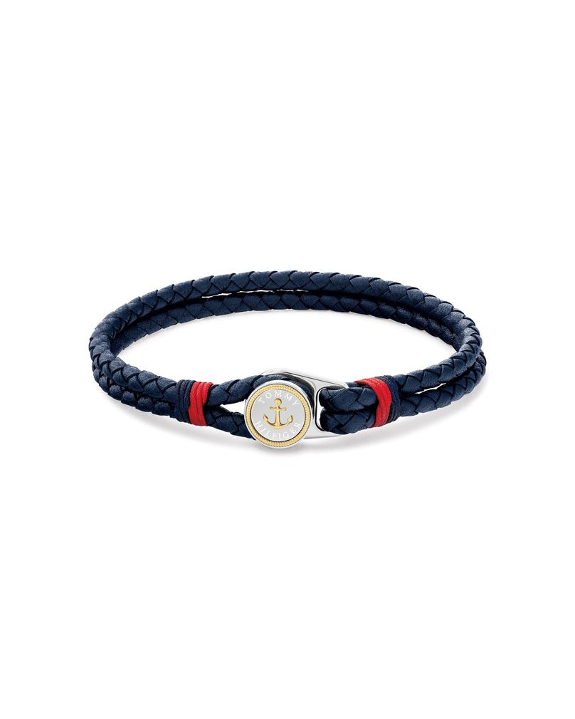 Tommy Hilfiger Nautical THJ2790691 dubbelradigt herrarmband i mörkblått flätat läder med ett runt ankarlås i guld och stål samt röda detaljtrådar.