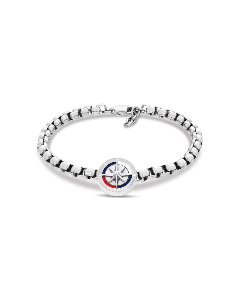Silverfärgat Tommy Hilfiger Compass THJ2790726 stålarmband för herrar med rund kompassbricka och blå-vit-röda detaljer.
