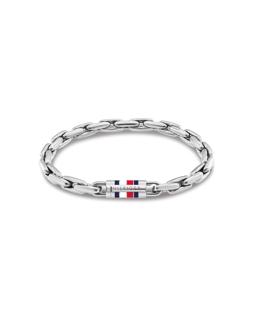 Silverfärgat Tommy Hilfiger Chains THJ2790749 stålarmband för herrar med blå-vit-rött flagglås.