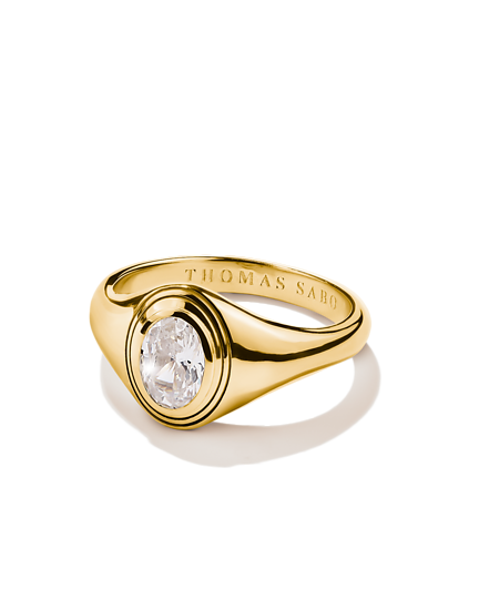 Minimalistisk Thomas Sabo Bold Elegance-ring med klar sten och lyxig guldfinish.