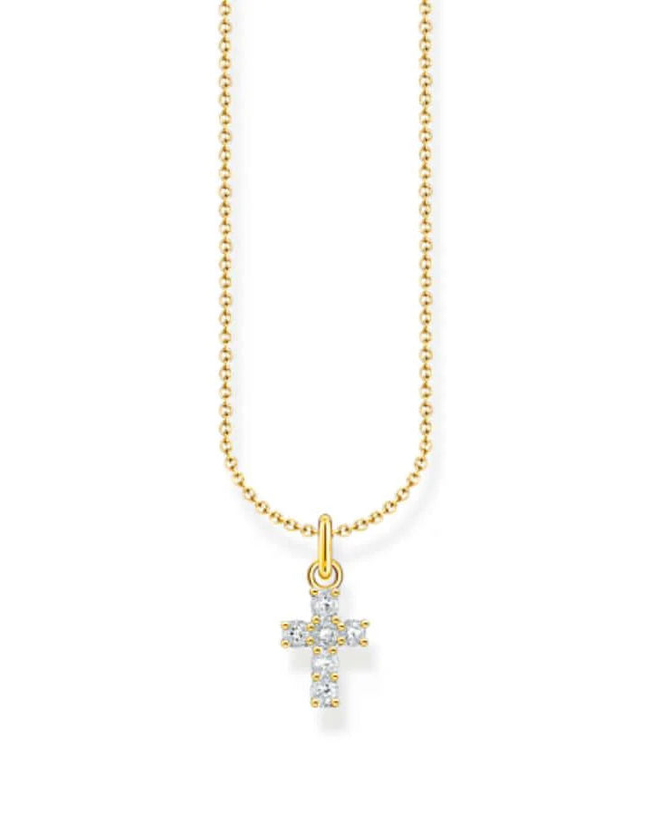 Thomas Sabo Necklace With Cross Pendant With White Zirconia KE2226-414-14-L45V har en tunn förgylld kedja och ett korshänge med vita zirkoner.