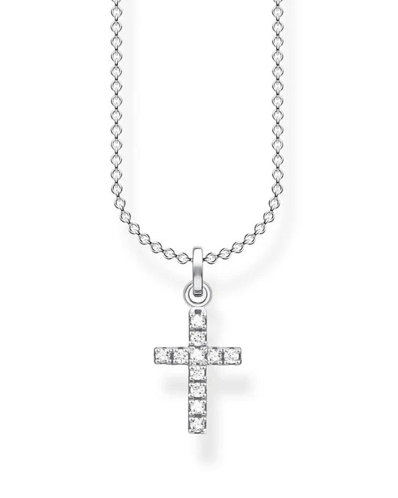 Thomas Sabo Necklace Cross Pavé KE2069-051-14-L45V har en tunn silverkedja och ett korshänge som består av vita zirkoner.