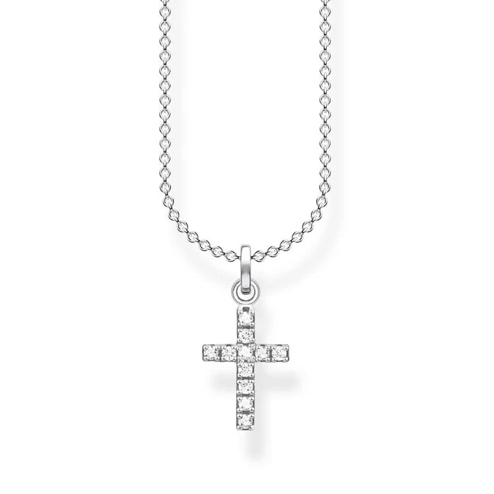 Thomas Sabo Necklace Cross Pavé KE2069-051-14-L45V har en tunn silverkedja och ett korshänge som består av vita zirkoner.