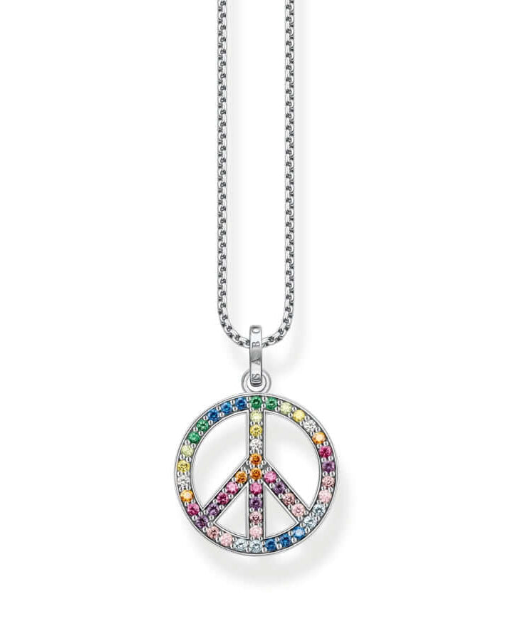 Thomas Sabo Peace KE2170-318-7-L55V halsband med tunn silverkedja och runt peace-hänge dekorerat med regnbågsfärgade zirkoner.