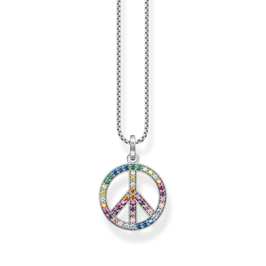 Thomas Sabo Peace KE2170-318-7-L55V halsband med tunn silverkedja och runt peace-hänge dekorerat med regnbågsfärgade zirkoner.