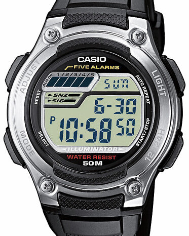 Grå och svart Casio W-212H-1AVES digitalklocka med rund boett.