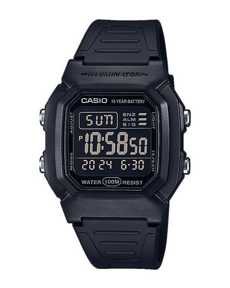 Helsvart Casio W-800H-1BVES digitalklocka med negativ display.
