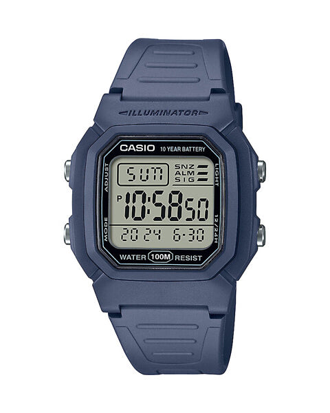 Casio Timeless Digital W-800H-2AVES klocka har en fyrkantig digital urtavla och blå ram och rem.