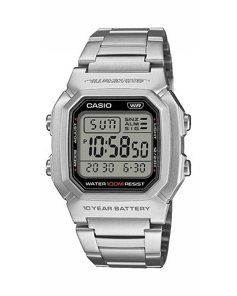 Fyrkantig digital Casio Digital Timeless W-800HD-1AVEF armbandsur för beväringar fotograferad rakt framifrån. Klockan har en grå hartsboett, tydlig digital display och ett silverfärgat stålarmband.