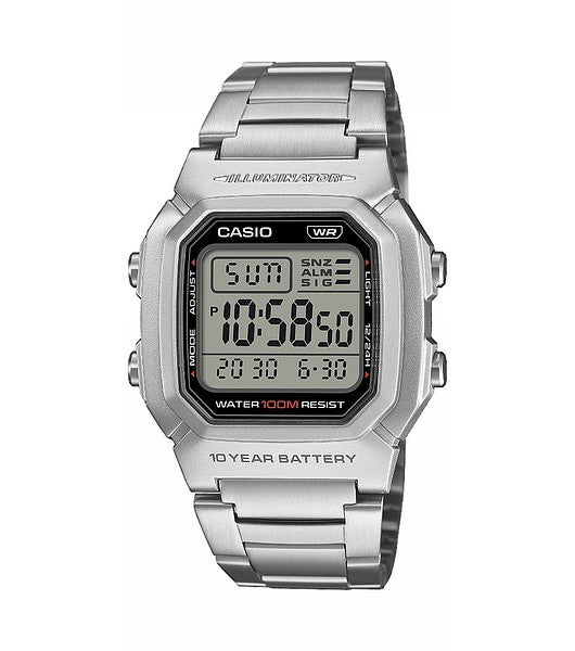 Neliskulmainen digitaalinen Casio Digital Timeless W-800HD-1AVEF -inttikello kuvattuna suoraan edestä. Kellossa on harmaa hartsirunko, selkeä digitaalinäyttö ja hopeanvärinen teräsranneke.