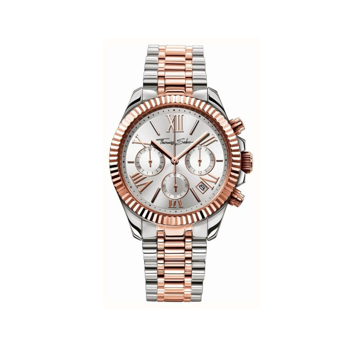 Thomas Sabo Divine Spirit WA0221-272-201 damklocka med kronograf fotograferad rakt framifrån. Klockan har en tvåfärgad boett och armband i roséguld och stål, räfflad ring och ljus urtavla med romerska siffror.