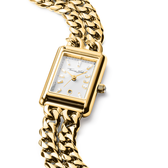 Lähikuva Thomas Sabo WA0429 -kellon suorakulmaisesta taulusta, jossa näkyvät kauniisti valkoinen aurinkohionta, laadukkaat baguette- ja princess-hiotut zirkoniaindeksit sekä kello kuuden päivämääränäyttö.