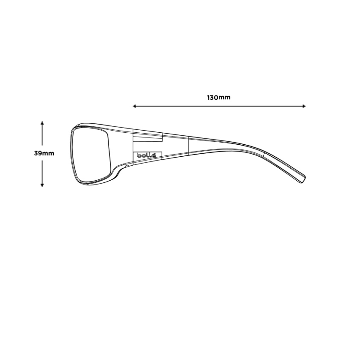 Sivuprofiilipiirros: Bollé King sangan pituus 130 mm ja linssin korkeus 39 mm.