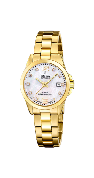 Festina Swiss Made F20050/1 damklocka har en rund urtavla i pärlemor med datumvisning och guldfärgade index och visare. Ramen, boetten och remmen är guldfärgade.