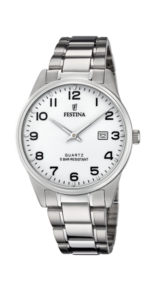 Festina Classic F20511/1 herrklocka har en rund, vit urtavla med datumvisning, svarta numeriska index och silverfärgade visare. Ramen, boetten och remmen är också silverfärgade.