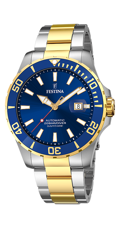 Festina F20532/1 Automatic herrklocka har en rund, blå urtavla med datumvisning och guldfärgade, självlysande index och visare. Ramen är blå med guldfärgade minutmarkeringar. Remmen är silverfärgad med guldfärgade detaljer.