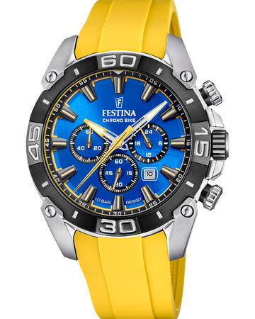 Sportig Festina Chrono Bike herrklocka F20544/4 med gult silikonarmband och blå urtavla