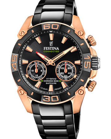 Svart och roséguldfärgad Festina Connected Hybrid Chrono Bike herrklocka F20548/1 med safirglas