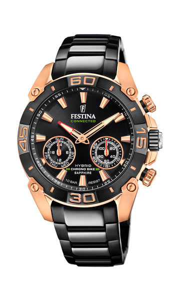 Musta ja ruusukultainen Festina Connected Hybrid Chrono Bike miesten kello F20548/1 safiirilasilla