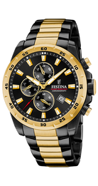 Festina F20563/1 Chrono Sport herrklocka har en rund, svart urtavla med kronograf, datum- och 12/24h-visning. Index och visare är guldfärgade och självlysande. Ramen är guldfärgad med minutmarkeringar. Remmen är svart med guldfärgade detaljer.
