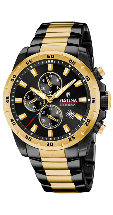 Festina F20563/1 Chrono Sport miesten rannekellossa on pyöreä, musta kellotaulu, jossa on kronografi, päivämäärä- ja 12/24h näyttö. Indeksit ja viisarit ovat kullanvärisiä ja luminoivia. Kehä on kullanvärinen ja siinä on minuuttimerkintöjä. Ranneke on musta kullanvärisillä yksityiskohdilla.