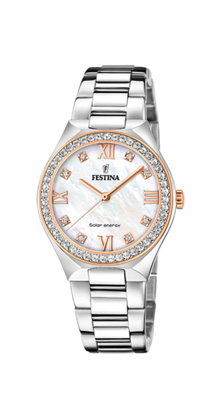 Festina F20658/1 Solar damklocka har en urtavla gjord av pärlemor och en roséguldfärgad ram med zirkoner implanterade i den. Visarna och indexen är också roséguldfärgade, och indexen är romerska siffror och zirkoner. Klockkroppen och armbandet är silverfärgade.