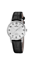 Festina Classic F20691/1 damklocka har en rund, vit urtavla med svarta numeriska index och silverfärgade visare. Ramen och boetten är också silverfärgade. Remmen är en svart läderrem med svarta sömmar.