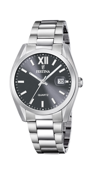 Festina Classic F20707/3 herrklocka har en rund, grå urtavla med datumvisning och silverfärgade och självlysande index och visare. Ramen, boetten och remmen är silverfärgade.