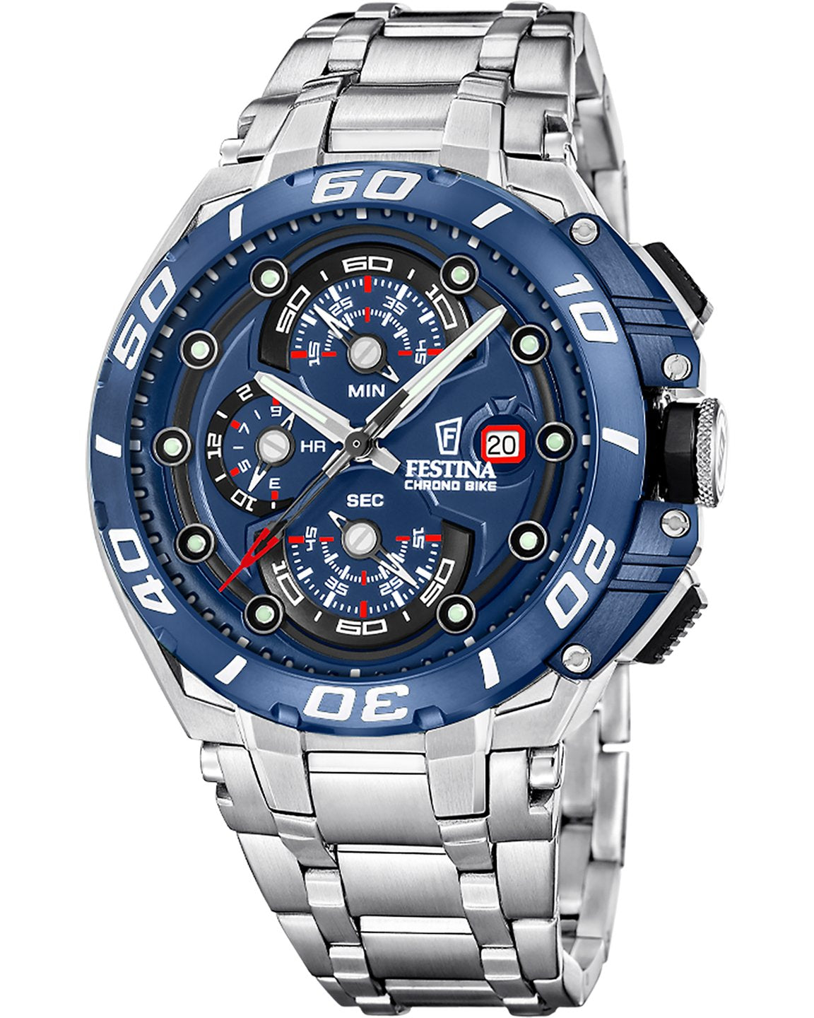 Sportig Festina Chrono Bike F20754/4 herrkronograf fotograferad direkt framifrån. Klockan har en kraftfull 46 mm stålboett, brett stålarmband och en blå urtavla med sex visare.
