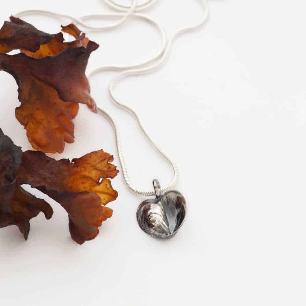 Guldviva Blåmussla hjärta halsband har en tunn silverkedja. Hängets form är som två blåmusslor bredvid varandra som bildar ett hjärta.