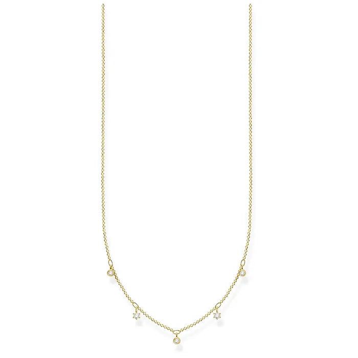 Thomas Sabo Necklace White Stones KE2071-414-14-L45V har en tunn förgylld silverkedja dekorerad med fem små vita zirkoner.