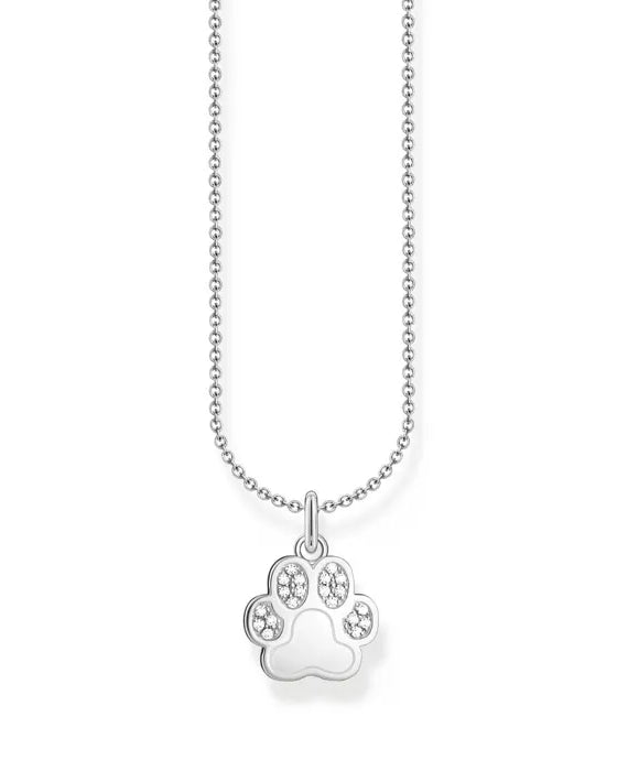 Thomas Sabo Necklace With Paw Pendant And White Zirconia KE2215-051-14-L45V har en tunn silverkedja och ett silverhänge i form av ett tassavtryck. Tassens tår är dekorerade med zirkoner.