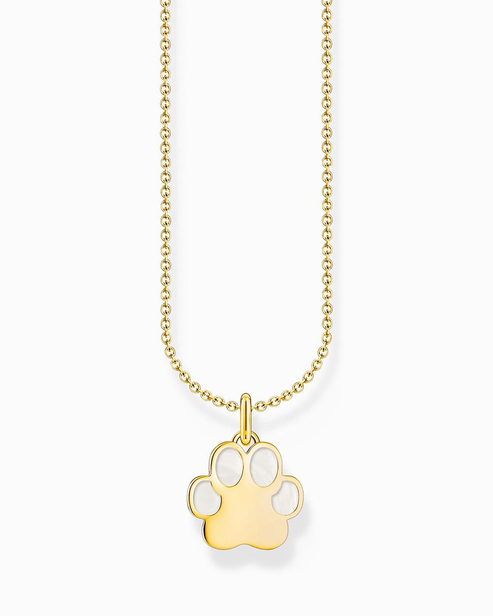 Thomas Sabo Necklace With Paw Pendant and Cold Enamel KE2266-427-14-L45V har en tunn förgylld silverkedja och ett förgyllt tassavtryckshänge. Tassens tår är dekorerade med vit kall emalj.