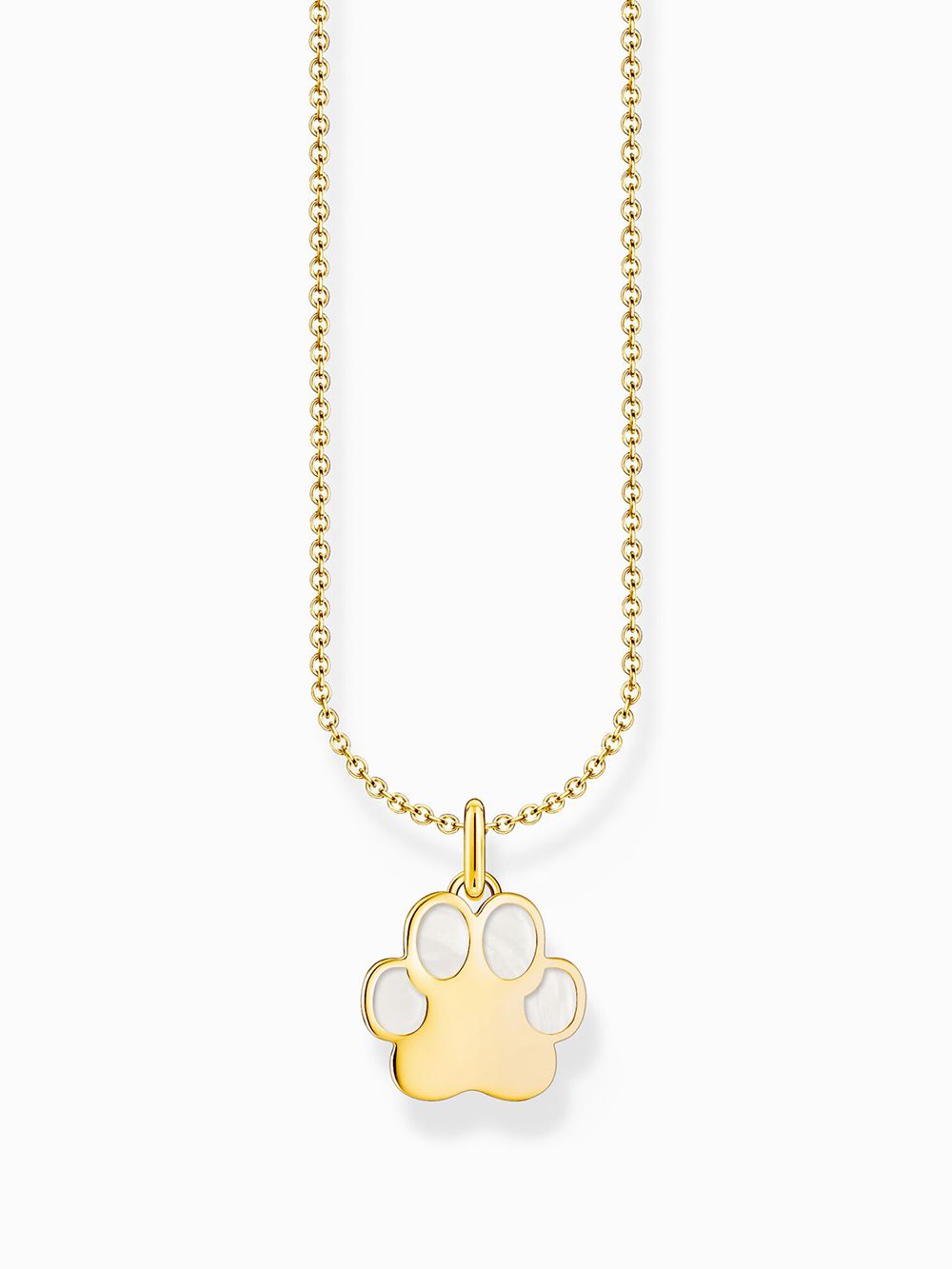 Thomas Sabo Necklace With Paw Pendant and Cold Enamel KE2266-427-14-L45V har en tunn förgylld silverkedja och ett förgyllt tassavtryckshänge. Tassens tår är dekorerade med vit kall emalj.