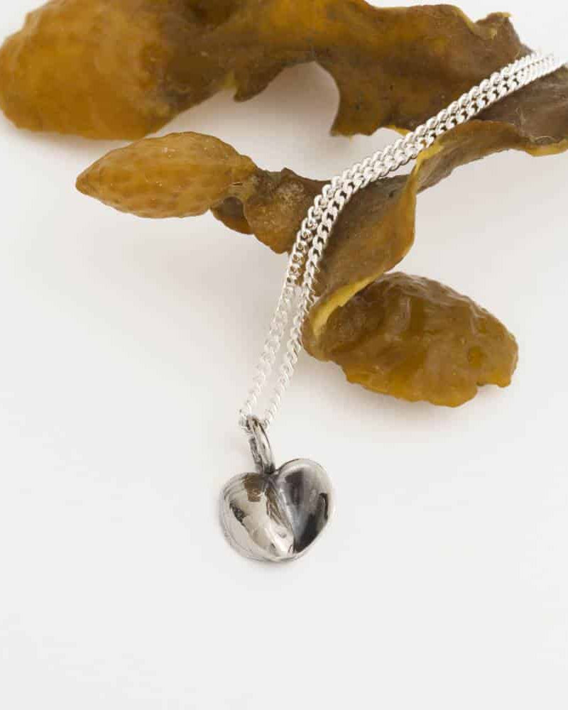 Guldviva Blåmussla hjärta XS halsband har en tunn silverkedja. Hängets form är som två blåmusslor bredvid varandra som bildar ett hjärta.