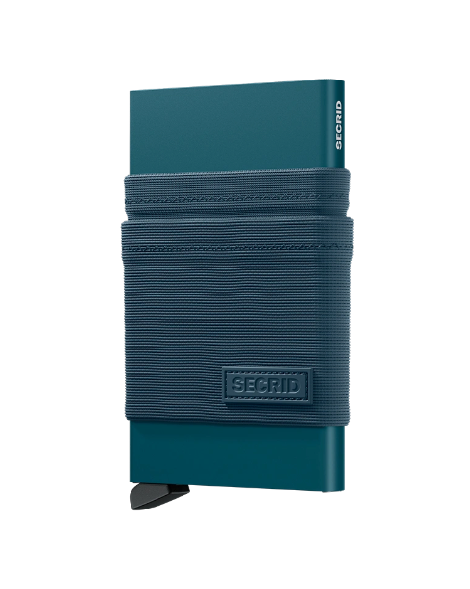 Secrid Flexwallet Teal korthållare med elastisk textilficka sedd framifrån.